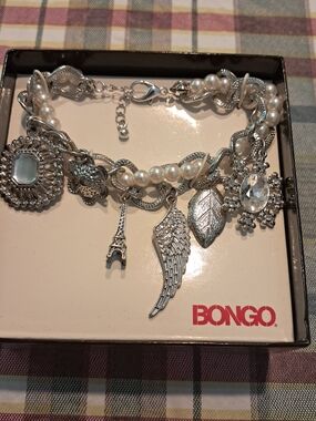 BONGO Silver-Tone Charm Bracelet with Pearls and Crystal Accents